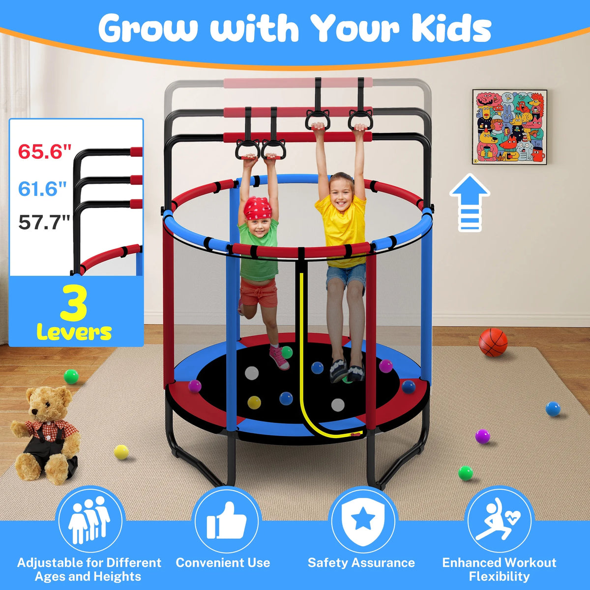 Mini Round Trampoline for Kids with Basketball Hoop, SEGMART 55'' Indoor Outdoor Toddler Trampoline with Enclosure Net, Swing, Sandbag, Ring, Ocean Balls, Small Trampoline Gift for Boys Girls, Blue