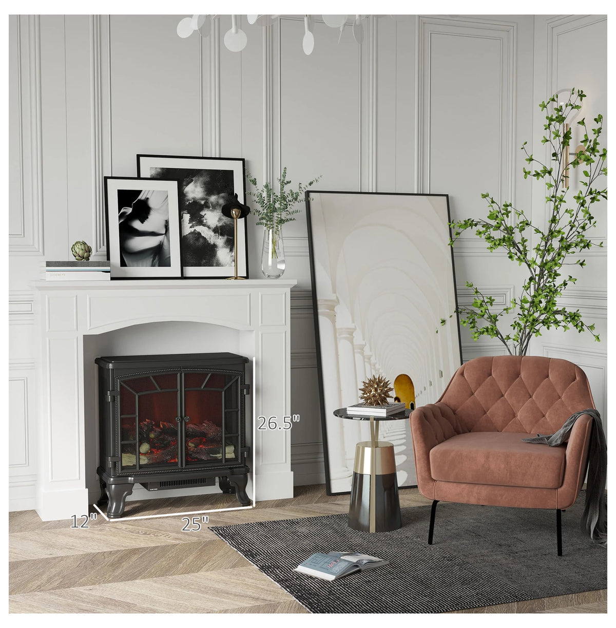 Modern Fireplace Mantel, Surround Mantels for Fireplace with Decorative Pattern Interior Width 29" White