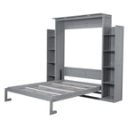 Aukfa Queen Size Murphy Bed with 5-Tier Storage Shelf & LED Lights, Foldable Wall Bed Cabinet with Mattress Support, Space-Saving Design for Guest Room/Home Office, Gray