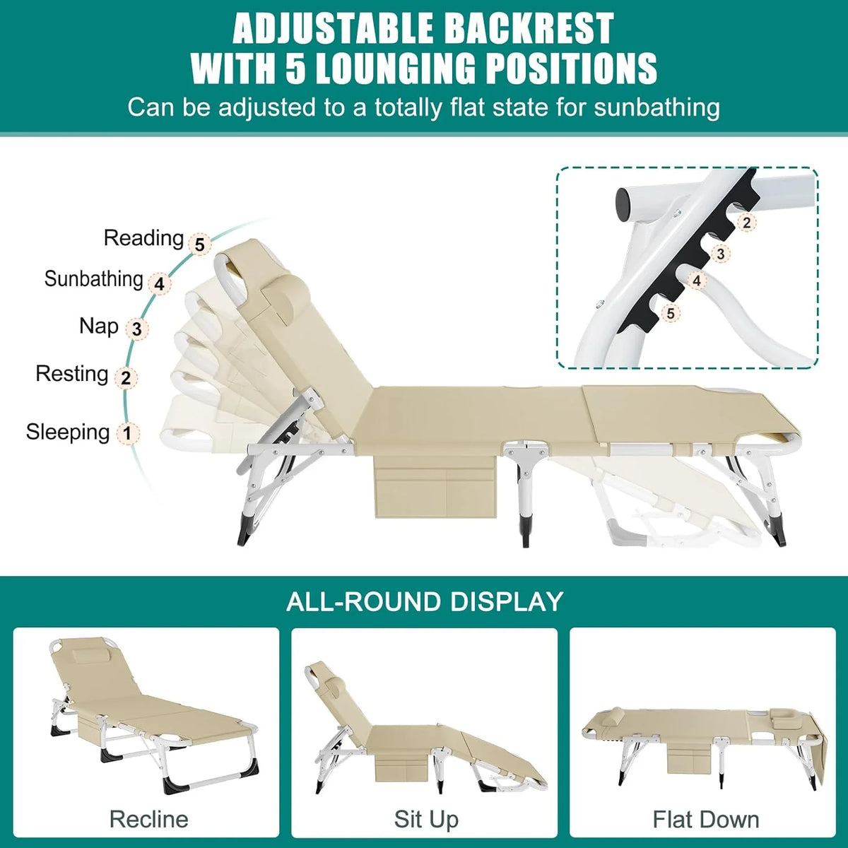 Slsy Folding Lounge Chair, 5-Position Adjustable Outdoor Reclining Chair, Folding Sleeping Bed Cot, Folding Chaise Lounge Chair for Pool Beach Patio Sunbathing