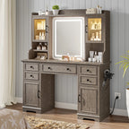 EnHomee Farmhouse Vanity Desk with Mirror and Lights White Vanity with Lighted Mirror Makeup Vanity Set with RGB Cabinets and Storage Drawers
