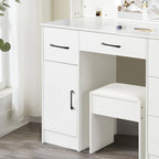 Yamissi Makeup Vanity with 3 Color Lights, Vanity Desk with Sliding Mirror, Vanity Set Makeup Table, Storage Drawers and Shelves, White