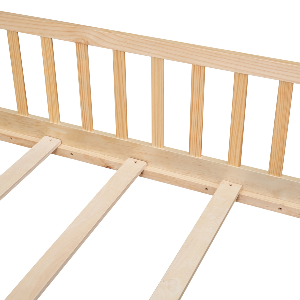 UHOMEPRO Twin Size Floor Bed with Door and Fence, Montessori Floor Bed with Slats and Safety Guardrails, Solid Wood Twin Bed Frame for Bedroom, White