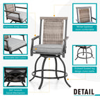 Sophia & William 3 Pieces Patio Outdoor Bar Stools Bistro Set Rattan Wicker Chairs & Square Metal Table Furniture Set