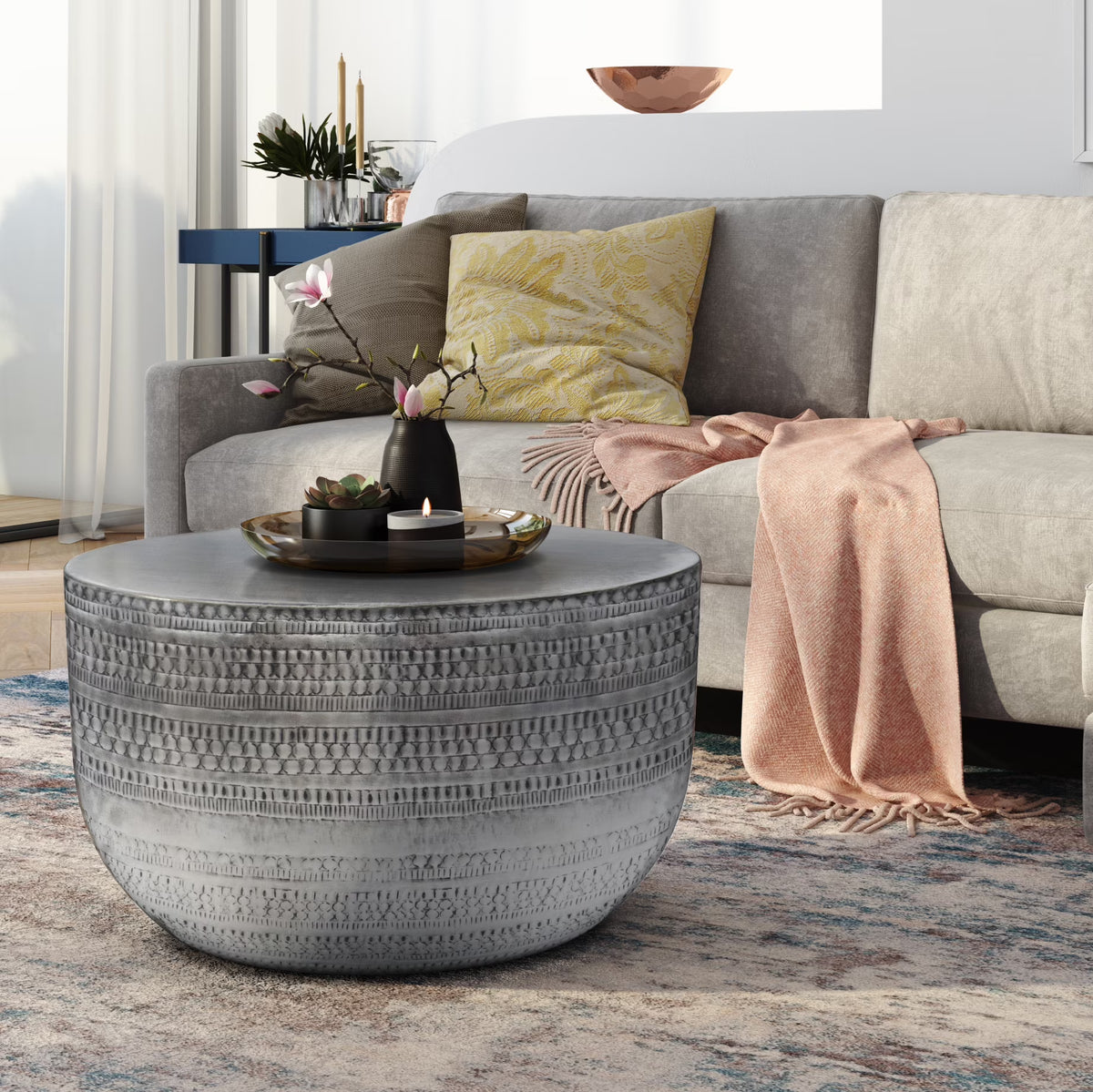 Johnsen 29.5 inch Wide Boho Metal Coffee Table in Antique Copper Iron, Assembled