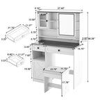 Farmhouse Makeup Vanity Desk with Mirror and Lights,Dressing Table Set with Charging Station and Stool,Drawers,Shelves and Side Cabinet,White