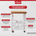 Origami Foldable Wheeled Portable Solid Wood Top Kitchen Island Bar Cart