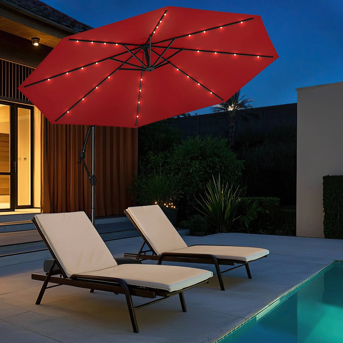 Costway 10 FT Solar Offset Hanging Umbrella Patio Cantilever Umbrella with 32 LED Lights Brown
