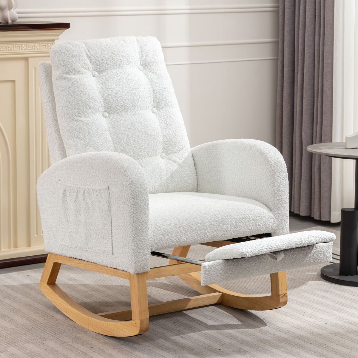 Modern Accent Rocking Chair with Pull-out Footrest,Nursery Glider Chair with Solid Wood Legs & Side Pocket,Upholstered Lounge Chair with High Backrest,White