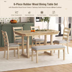 Bellemave 6-Piece Dining Table Set, Rubber Wood Rectangular Kitchen Table Set for 6, Farmhouse Dining Table Set with 4 Upholstered Chairs and Bench (Gray)