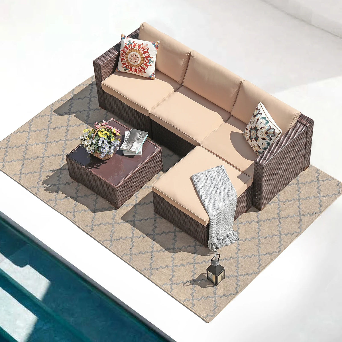 Patiorama 5-Piece Patio Furniture Set, Outdoor Sectional Conversation Set, All-Weather Grey PE Wicker with Light Grey Cushions, Backyard Porch Garden
