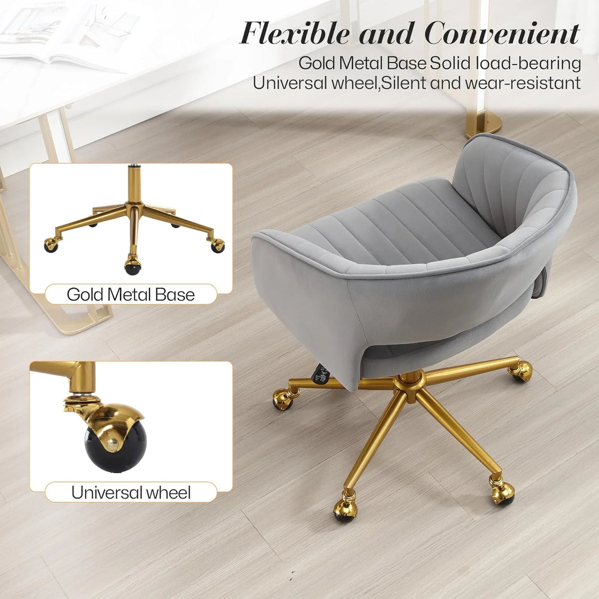Home Office Swivel Desk Chair, Modern Velvet Vanity Chair, Height Adjustable Armchair with Gold Base, Ergonomic Office Chair for Task Study Computer Room, Beige