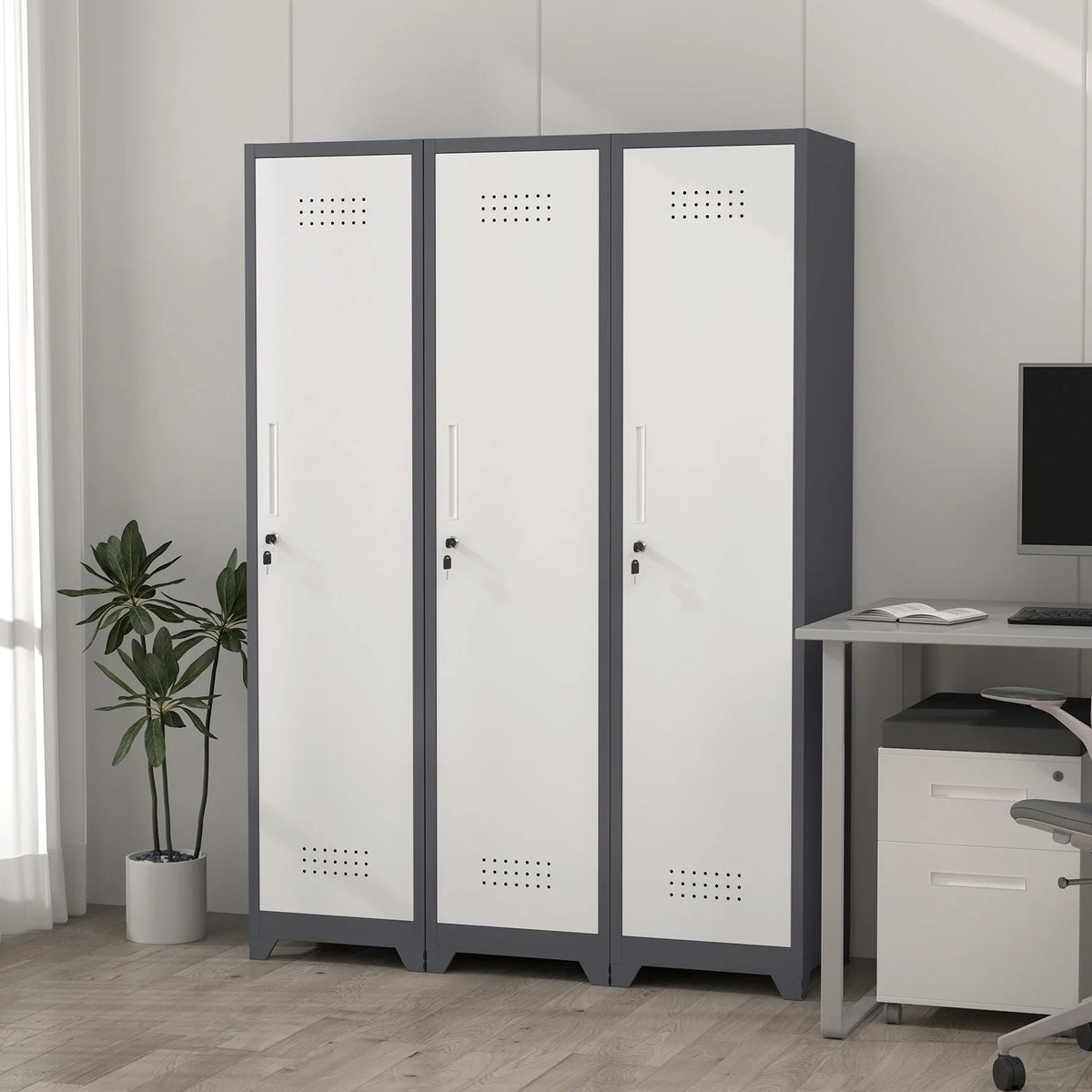 Marcree 65" H Slim Broom Storage Cabinet, Metal Broom Closet with Shelves and Hanging Rod, Utility Cabinet for Brooms and Mops, Tall Cleaning Storage Cabinet for Kitchen, Pantry, Office, Shop, Garage