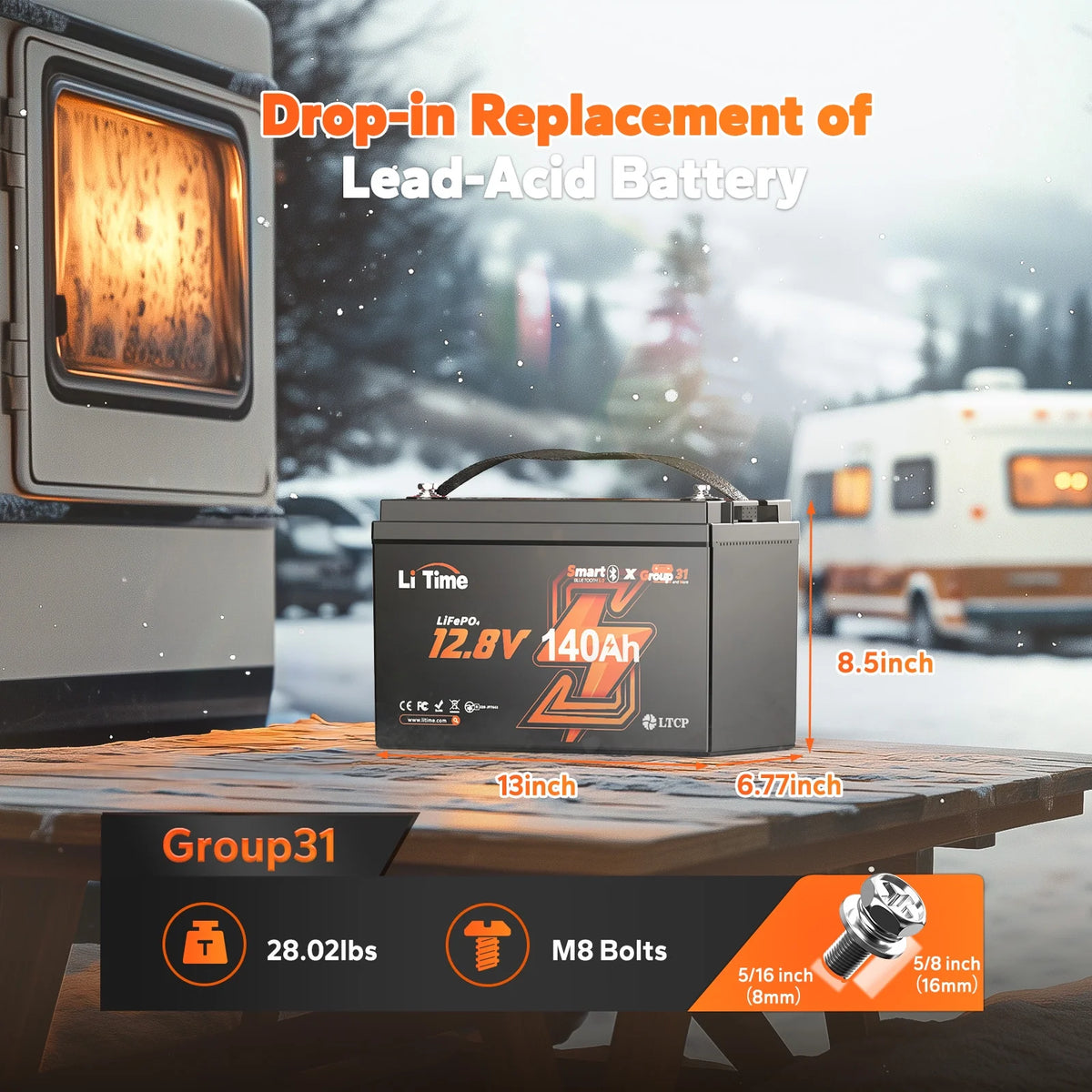 LiTime 12V 140Ah Bluetooth LiFePO4 Lithium Battery Group 31 150A BMS deep cycle for RV Travel Trailers and Trolling Motor