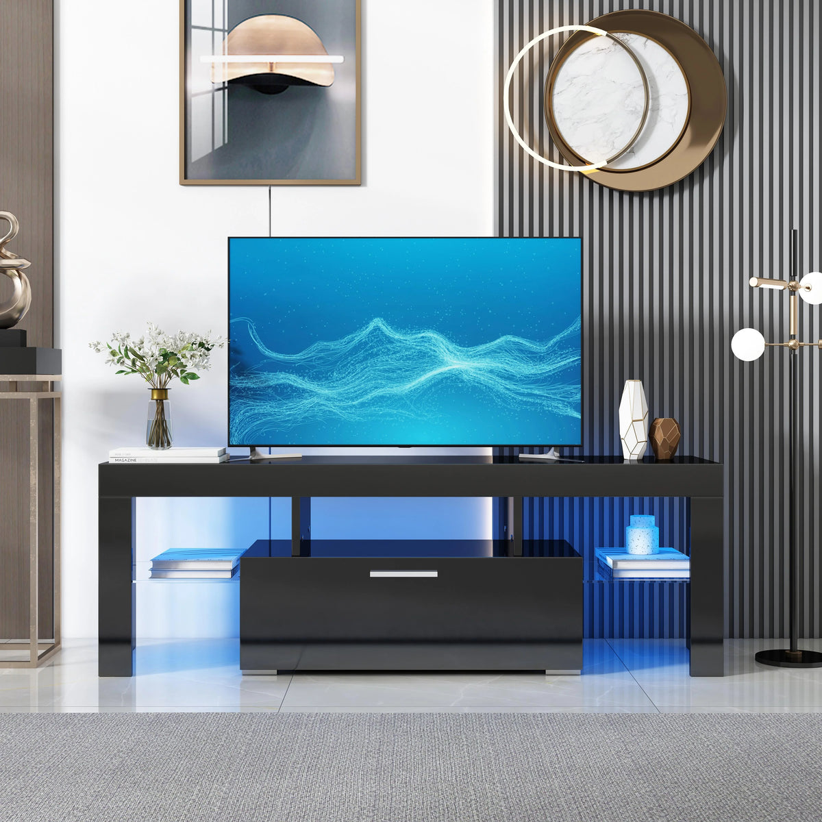 PAPROOS TV Stand for TVs up to 70", High Gloss TV Cabinet with LED Light, Modern TV Console Table with Storage Drawers, Media Television Stand Entertainment Center, White