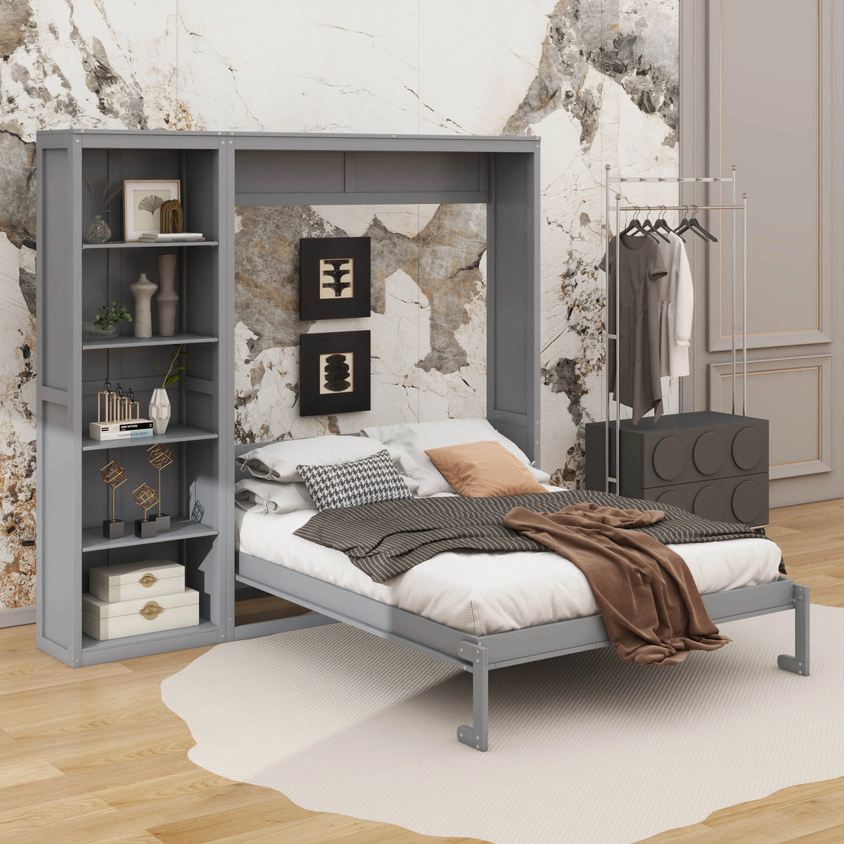 YunNianYang Queen Size Gray Murphy Bed Wall Bed with Shelves