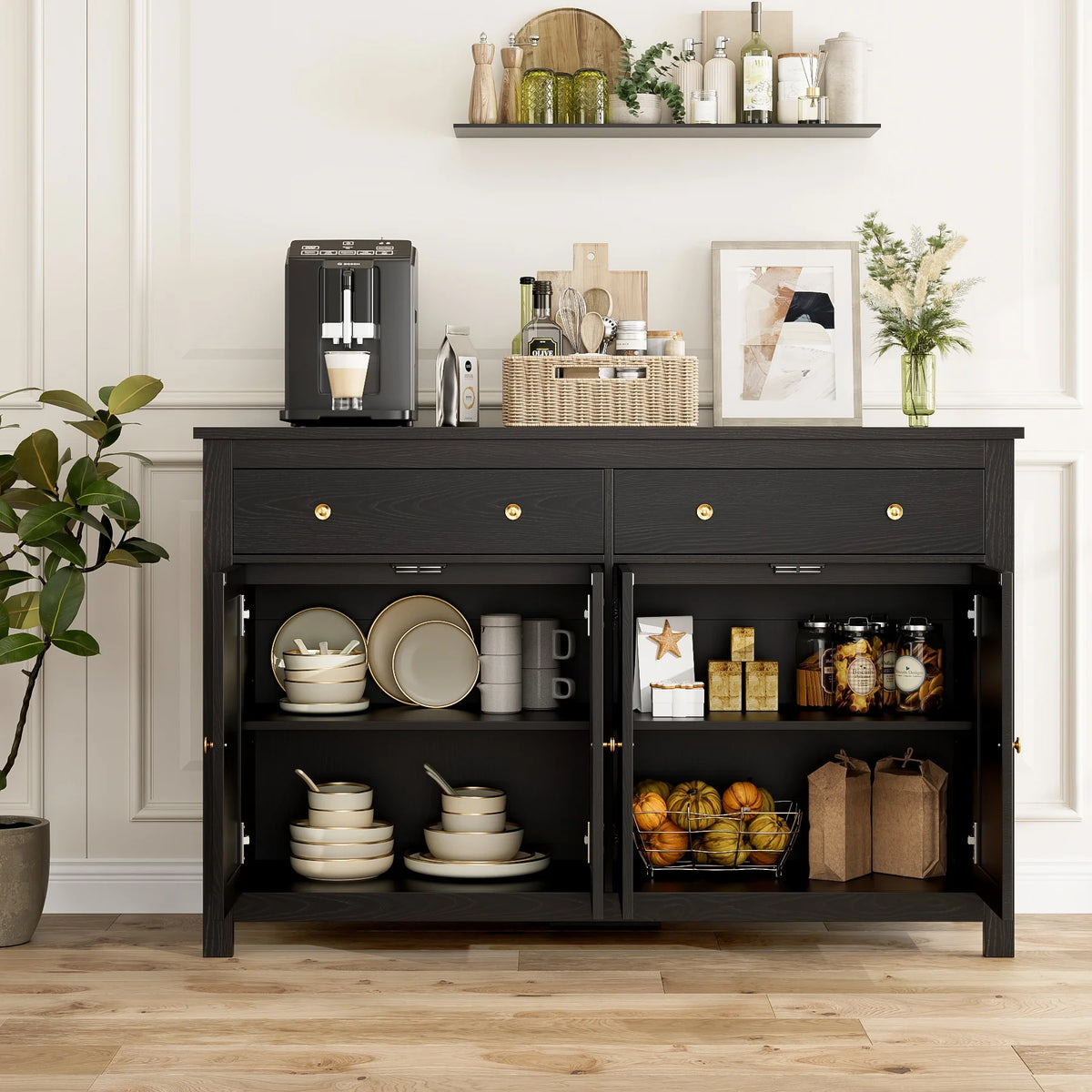 Homfa 55.1'' W Farmhouse Storage Cabinet, 4-Doors 2-Drawers Wood Sideboard with Adjustable Shelves for Kitchen Dining Room, White