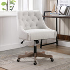 360 Degree Swivel Office Desk Chair, Upholstered Leisure Vanity Chair with Solid Wood Base and Wheels, Adjustable Height Computer Chair for Bedroom Living Room, Brown