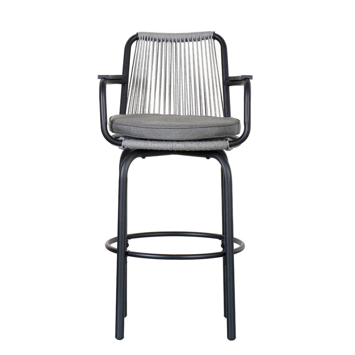 Lyric Modern 29" Outdoor Patio Bar Stools, Bar Chairs with Wood Grain Finish Frame with Hand-Woven PE Rattan Rope, Removable Cushions, Teak+Beige, Set of 2