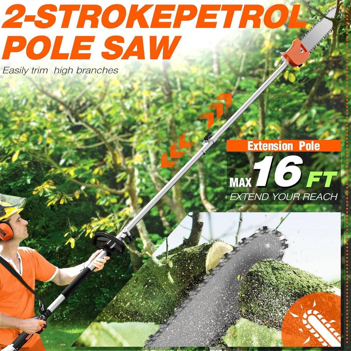 Datingday 52CC Orange Gas Weed Wacker, 2-Stroke Weed Eater Gas Powered, 6-in-1 Gas Hedge Trimmer, Gas Brush Cutter, Gas String Trimmer, Pole Saw with Extension Pole