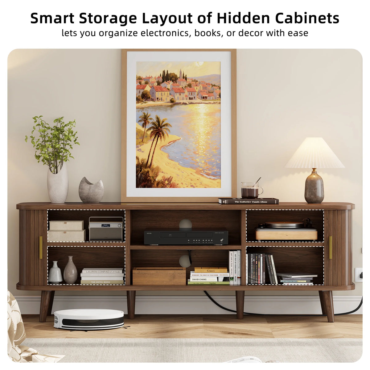 Laintene 59" TV Stand, Fluted TV Stand for TVs up to 65", Entertainment Center with Storage and Sliding Doors, Modern Media Console with Power Outlet for Living Room, Walnut