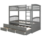 Twin-Over-Twin Bunk Bed with 3 Storage Drawers, Twin Bunk Bed Frame with Ladder & Safety Rail, Pinewood Trundle Bunk Bed for Teen Bedroom, Guest Room Furniture, Can be Convertible to 2 Beds, Gray