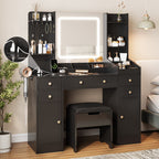 Vanity Set with Mirror and Lights, Makeup Table with Charging Station,5 Drawers & Storage Shelves, White