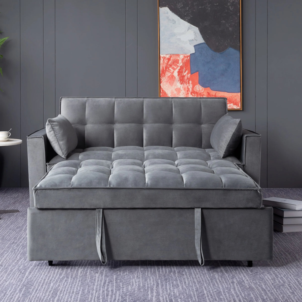 Gewnee 55'' Modern Convertible Velvet Sofa Bed with Pull-Out Twin Bed, Adjustable Backrest for Living Room, Office (Dark Gray)