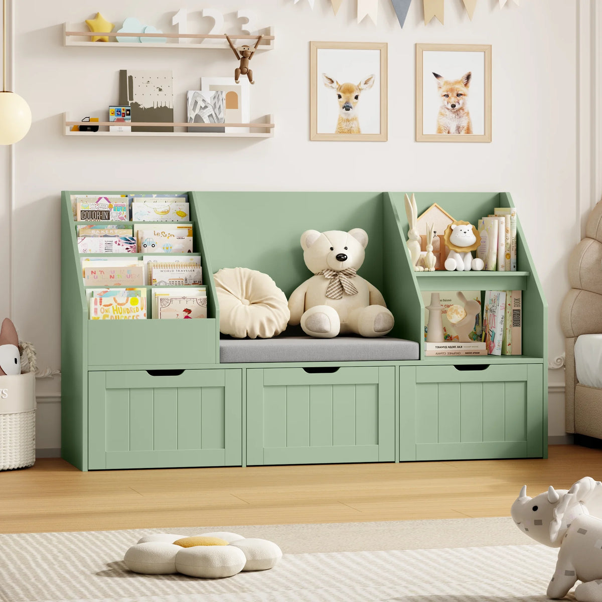 Homfa Kids Bookshelf with Reading Nook & 3 Movable Drawers, 2 Cube Bookcase with 4-Tier Book Racks, Toy Storage Organizer for Playroom Bedroom, White