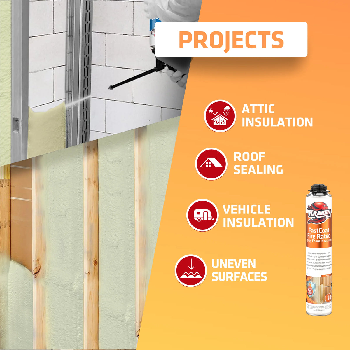 Kraken Bond Fastcoat Spray Foam Insulation Kit, Class A Fire Rated, 240 Board Feet, Closed Cell - 12 Pack Set