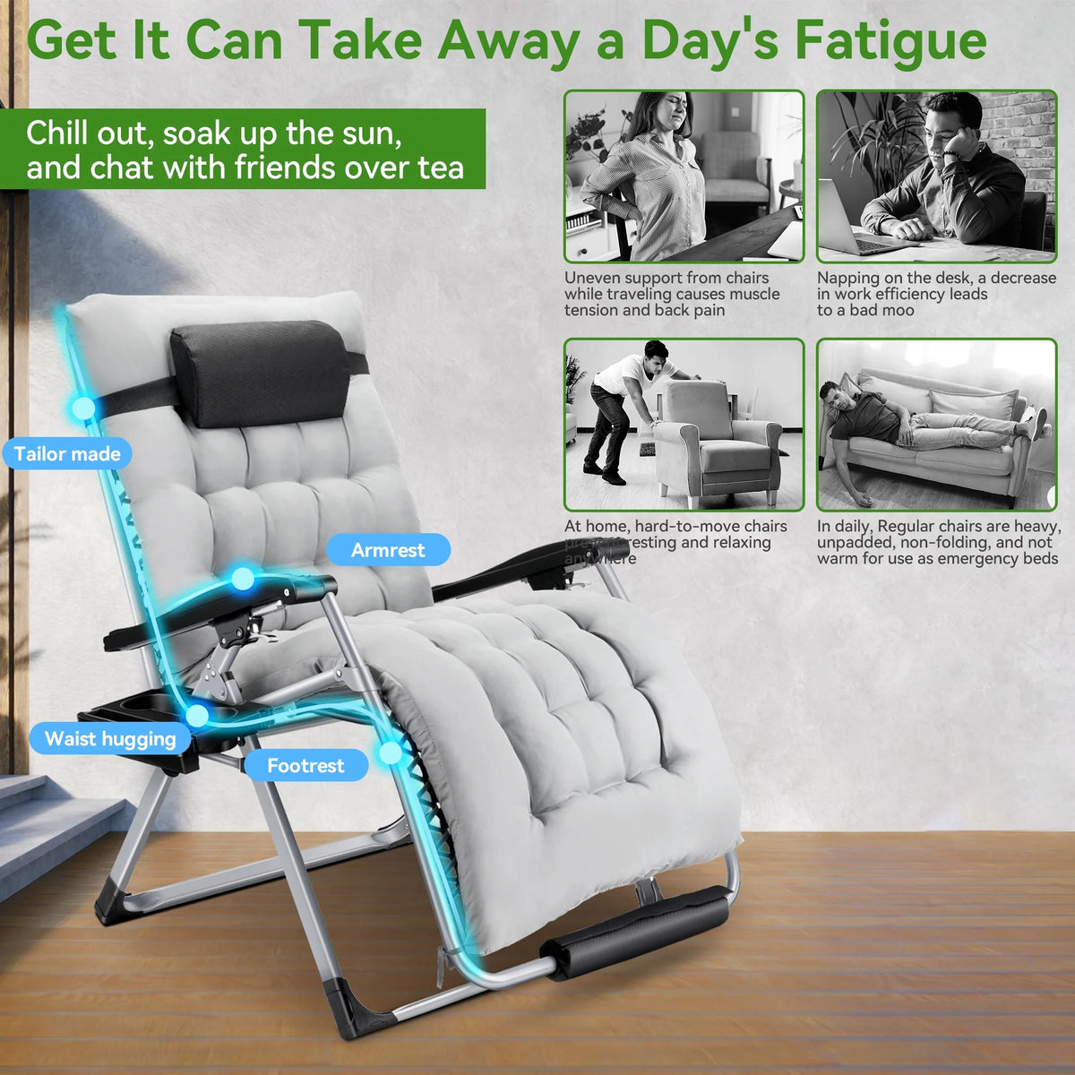 VECUKTY XXL Oversize Zero Gravity Chair - 500lb Capacity, 33-Inch Wide Padded Seat, Folding Travel Recliner for Outdoor / Indoor Use - Patio, Lawn, Black, Portable and Heavy Duty