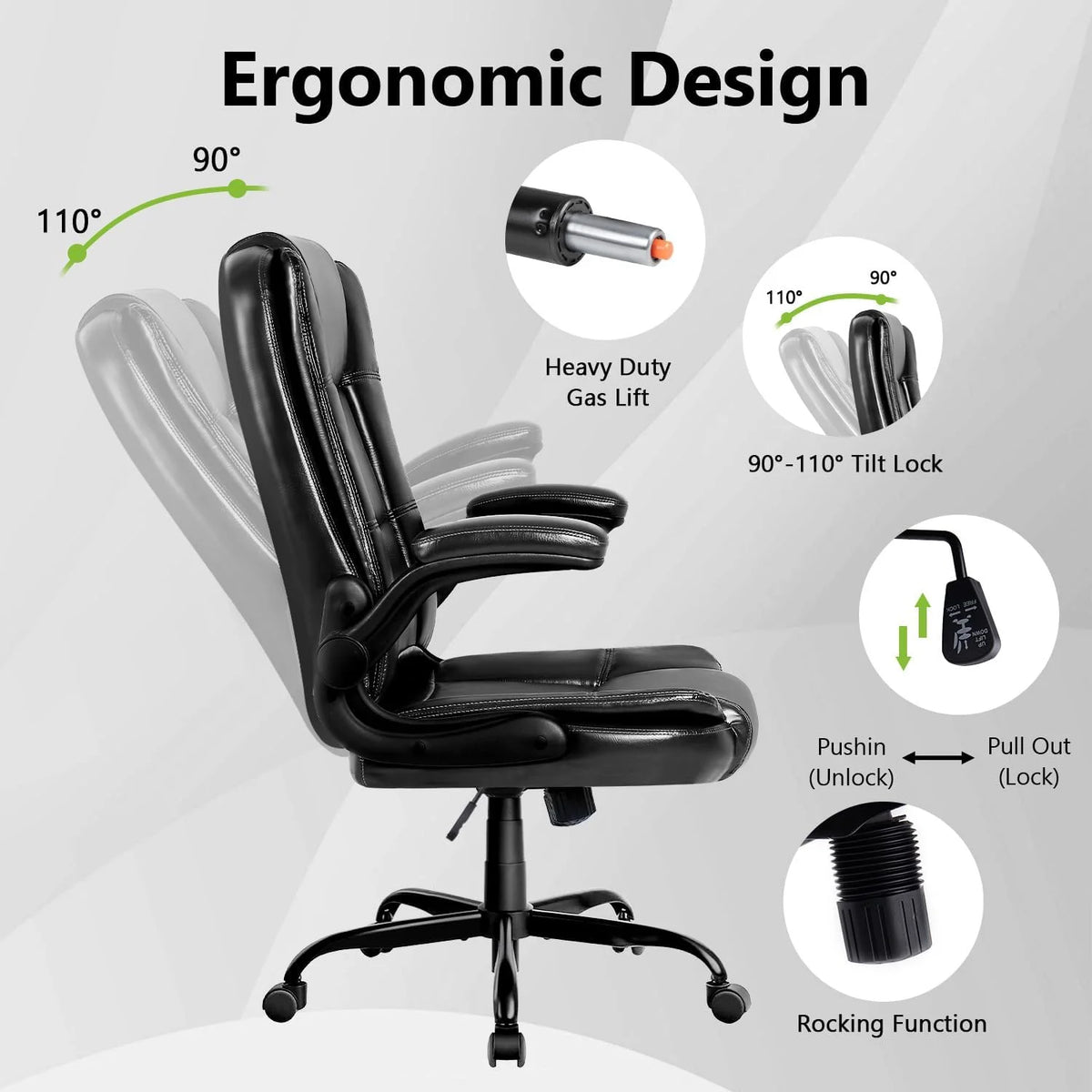 Office Chair - Ergonomic Leather Office Chair Computer Desk Chair, Comfortable High Back Office Chair with Adjustable Flip-up Armrest, Executive Leather Office Desk Chair with Smooth Wheels, Black