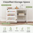 Costway Folding Sewing Table Rolling Craft Station with 3 Storage Bins & Charging Station White+natural