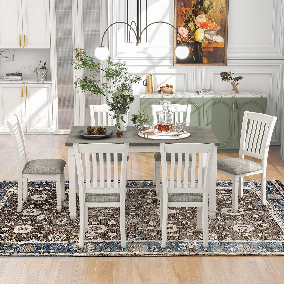 Harper & Bright Designs Farmhouse 7 Pieces Extendable Dining Table Set for 6, Solid Wood Kitchen Table with Butterfly Leaf and 6 Upholstered Chairs, Brown