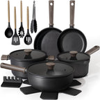 Astercook 18-Piece Pots and Pans Set, Nonstick Cookware Set with Elegant Wooden Handle, Oven Safe to 480��F, Induction Compatible, Kitchen Cooking Set for RV Trips, Camping and Picnic, Black