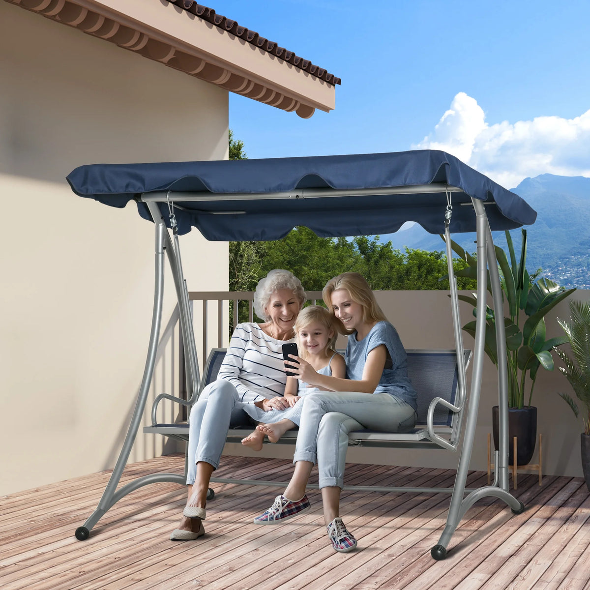 Outsunny 3 Person Patio Swing Seats, Porch Swing with Stand & Adjustable Canopy, Heavy Duty Outdoor Swing Chair Bench for Adults, Black