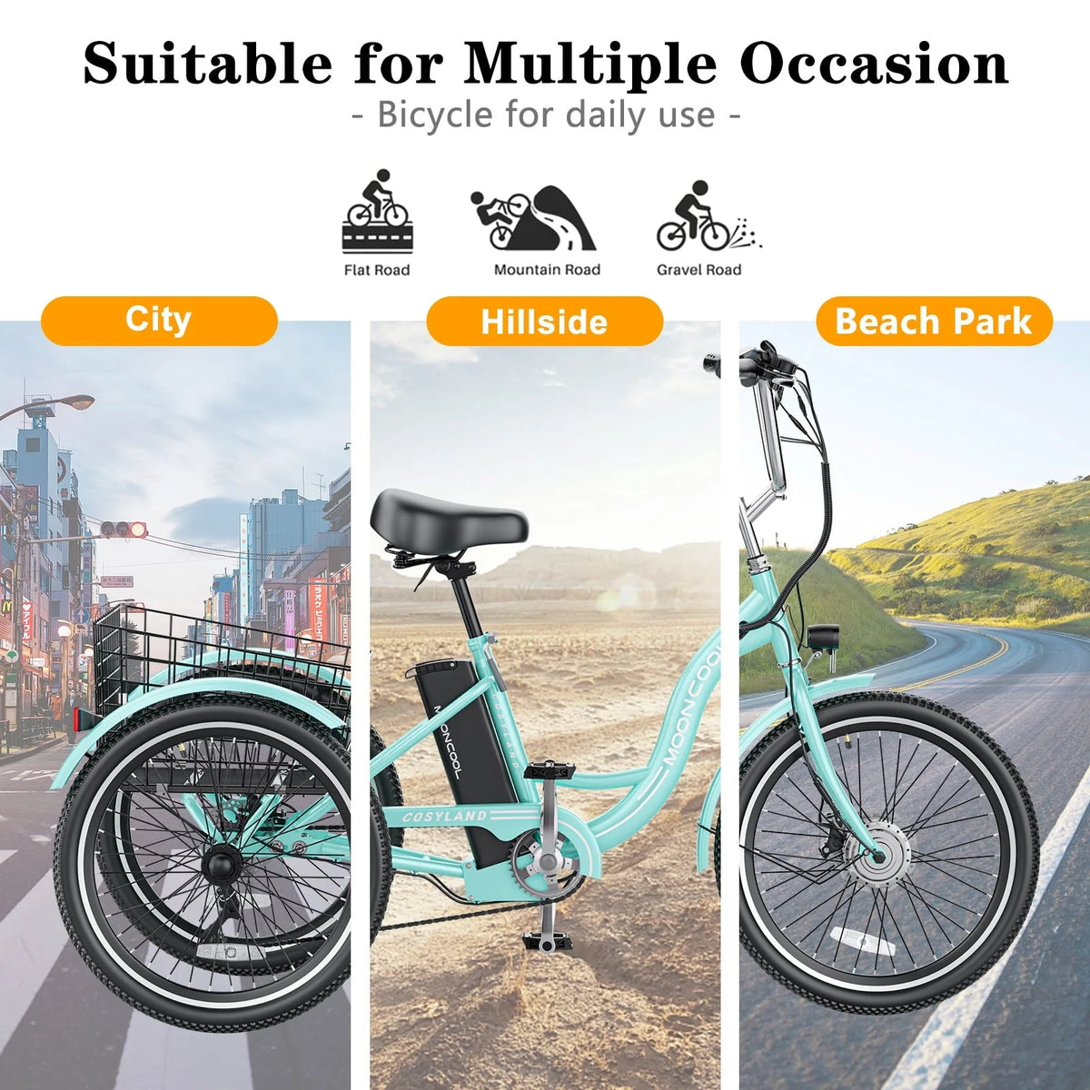 MOONCOOL 350W Motorized Electric Trike, 7 Speed 3 Wheel Electric Bicycle with 36V 10Ah Lithium Battery UL Certified, 24" Electric Tricycle for Adults with Rear Basket