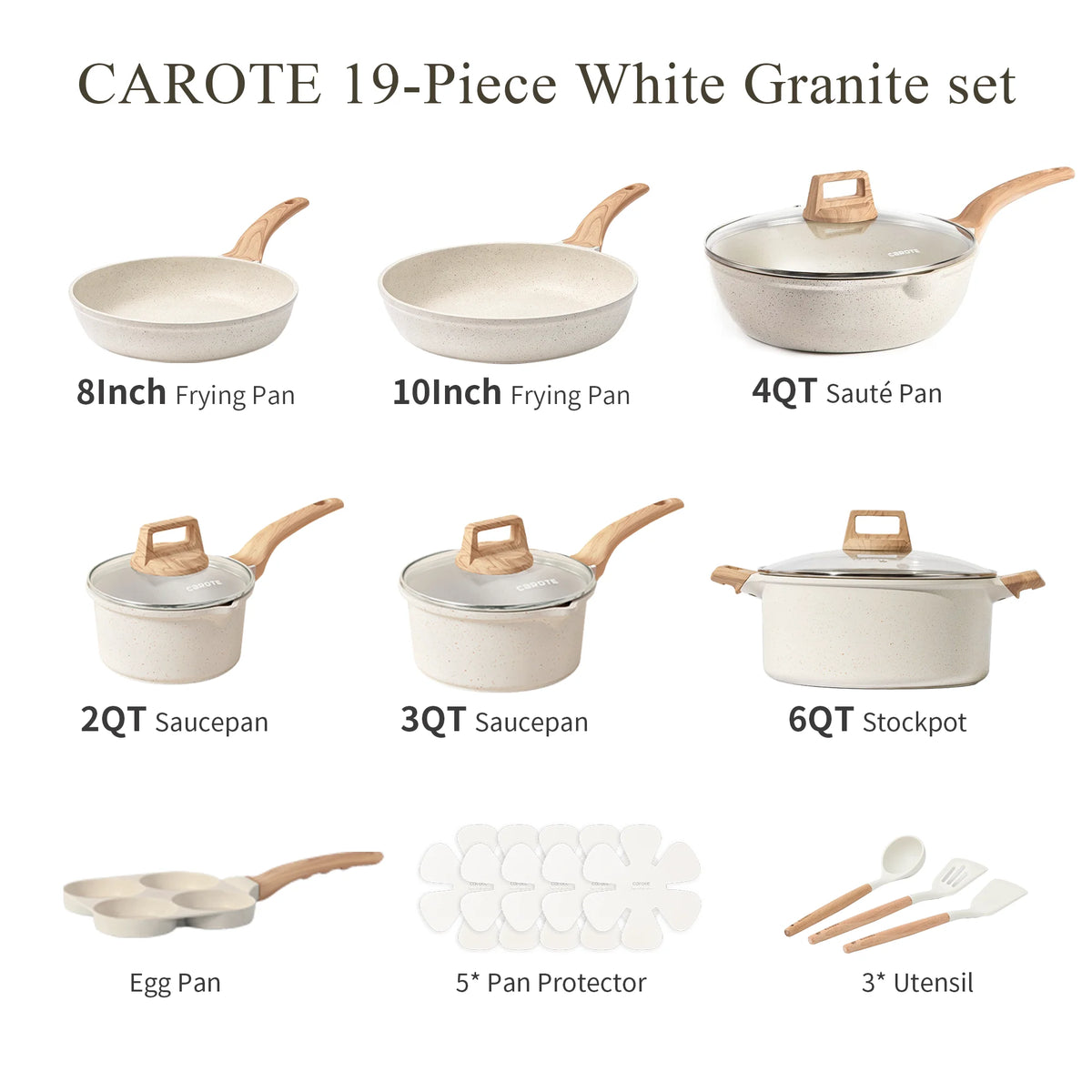 Carote 19 Pcs Nonstick Cookware Sets, Granite Pots and Pans Set Non Stick, White