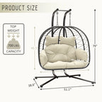 Bifanuo Double Wicker Swing Egg Chair Hammock Foldable Hanging Loveseat with Stand, UV Resistant Removable Cushions, 700LBS Capacity for Bedroom, Balcony (Black and Beige)