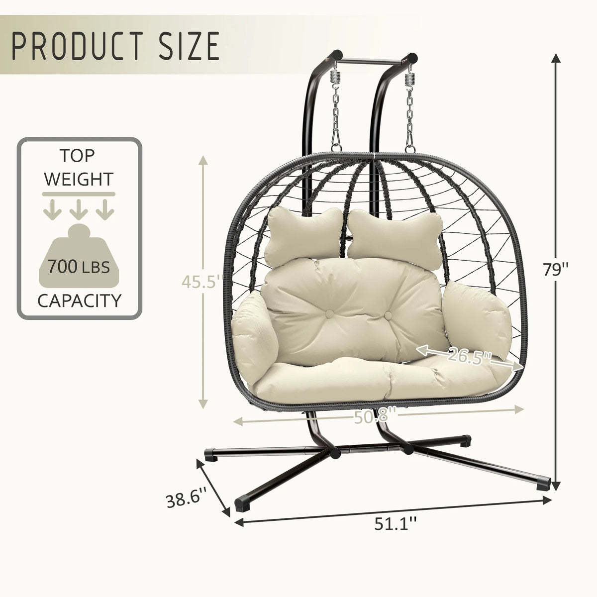 Bifanuo Double Wicker Swing Egg Chair Hammock Foldable Hanging Loveseat with Stand, UV Resistant Removable Cushions, 700LBS Capacity for Bedroom, Balcony (Black and Beige)
