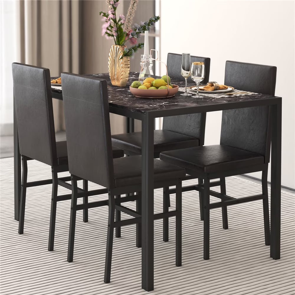 5 Piece Dining Room Table Set, Modern Dining Table Sets with Gray Velvet Upholstered Chairs for 4, Faux Marble Pattern Rectangle Kitchen Table Set for Bar Living Room Breakfast Nook Small Space