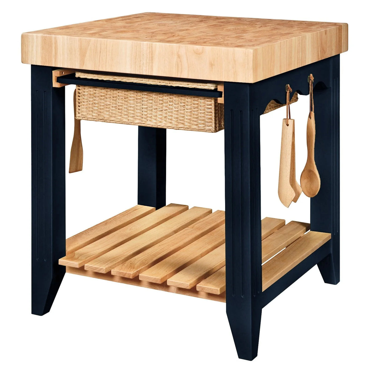 Kolton Square Kitchen Island, Black and Natural with Butcher Block Top