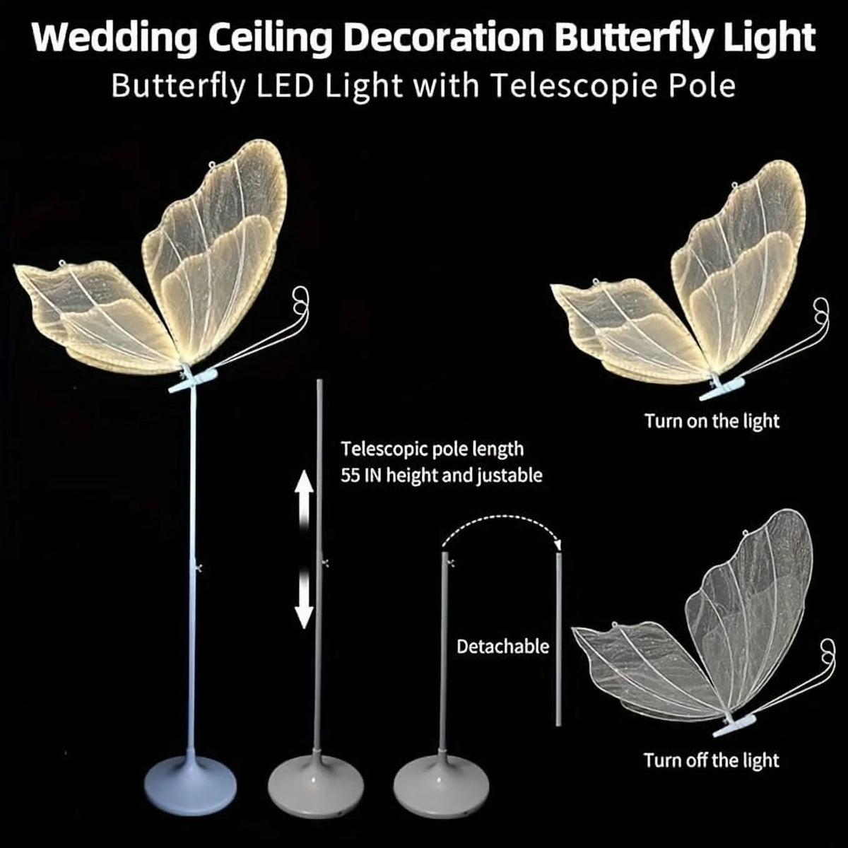 2-Pack Romantic Butterfly Floor Lamp with LED Lights, White & Gold Options, for Wedding, Party, Home Decor, Hanging Chandelier (Multiple Sizes, US Plug)
