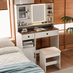 Farmhouse Makeup Vanity Desk with Mirror and Lights,Dressing Table Set with Charging Station and Stool,Drawers,Shelves and Side Cabinet,White