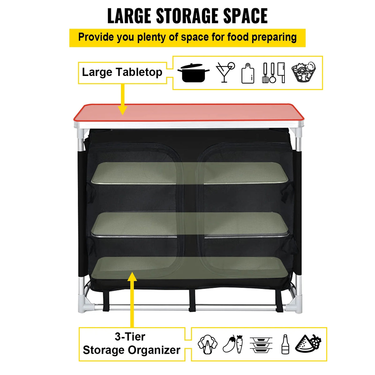 Camping Kitchen Station, Aluminum Portable Folding Cook Table with Storage Organizer and Carrying Bag, Quick Installation for Outdoor BBQ Party Backyards and Tailgating, Black