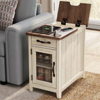 LINSY HOME End Tables for Living Room with Charging Station, Nightstand for Bedroom with Drawer and Detachable Holder,Washed Grey & Brown