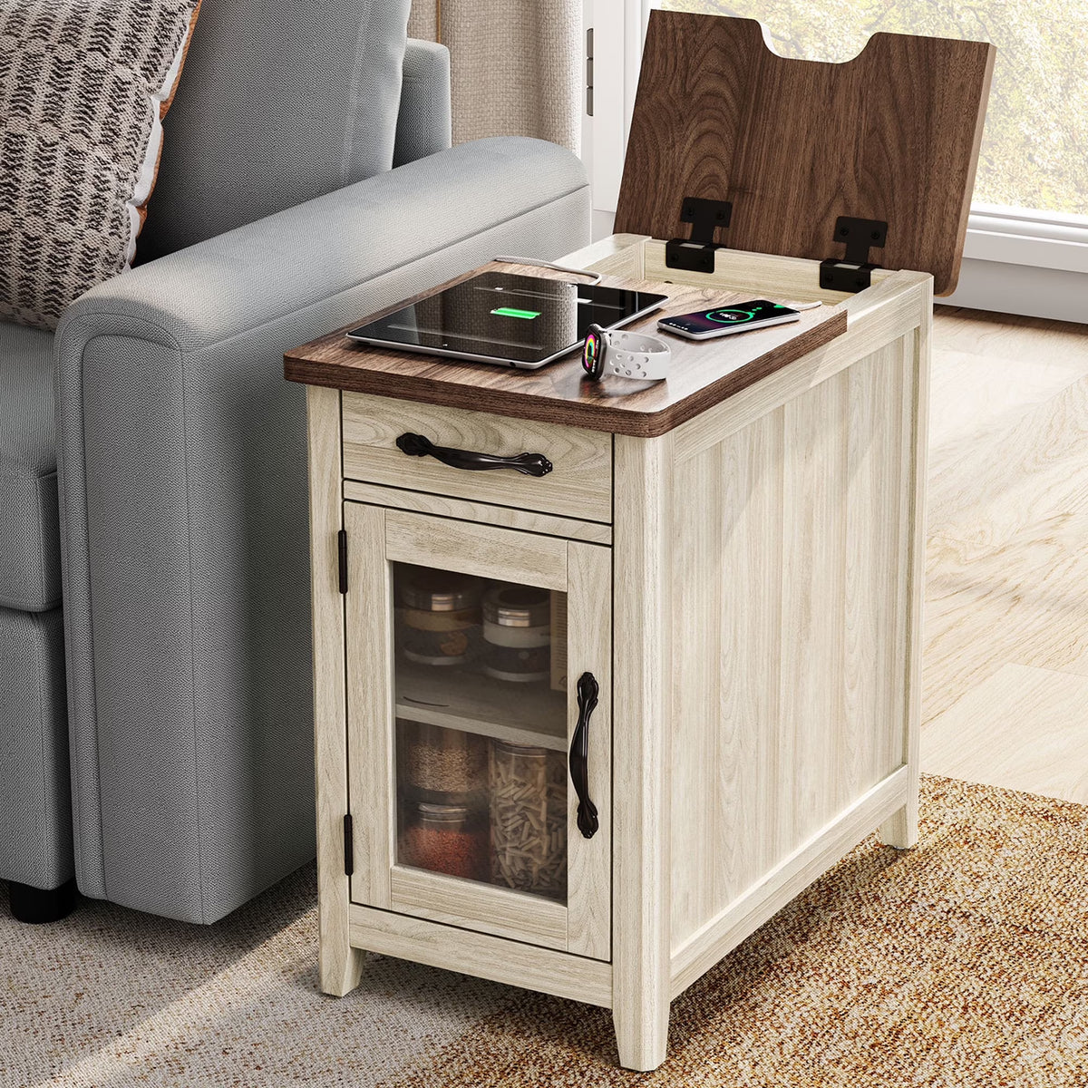 LINSY HOME End Tables for Living Room with Charging Station, Nightstand for Bedroom with Drawer and Detachable Holder,Washed Grey & Brown