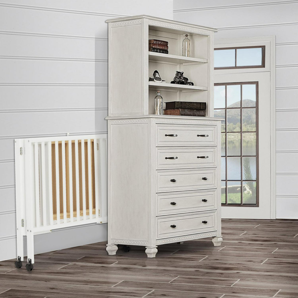 Dream On Me Quinn Full-Size Folding Crib. Removable Wheels. Modern Nursey. Adjustable Mattress Support. Patent Folding System in White