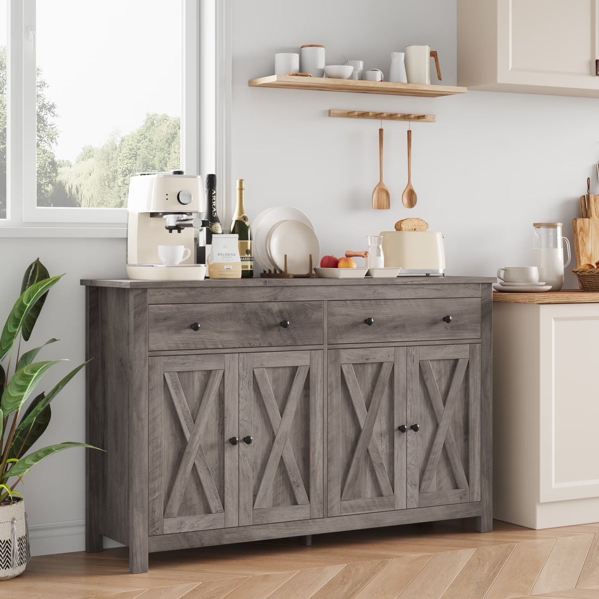 Homfa 55.1'' W Farmhouse Storage Cabinet, 4-Doors 2-Drawers Wood Sideboard with Adjustable Shelves for Kitchen Dining Room, White
