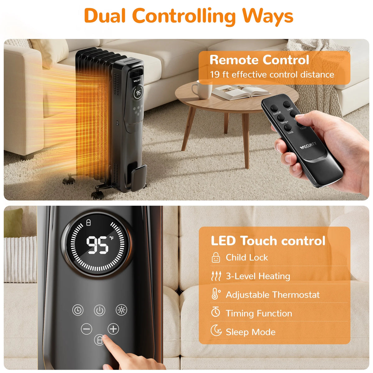 VECUKTY 1500W Oil Radiator Heater, Electric Oil Filled Space Heater Radiator with Remote Control,Child Lock,3 Modes,Overheat & Tip-Over Protection��24h Timer Digital Thermostat,Black